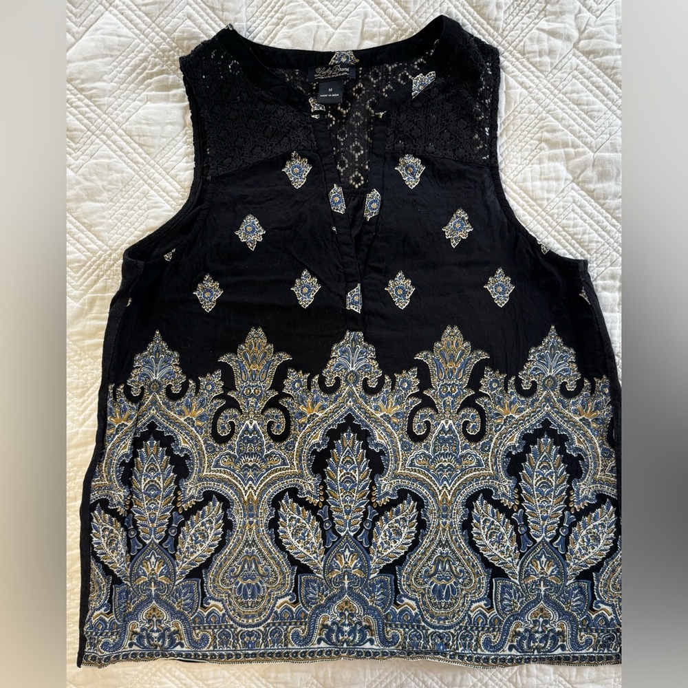 Lucky Brand Black Paisley Tank Top Size Medium Boho Crochet